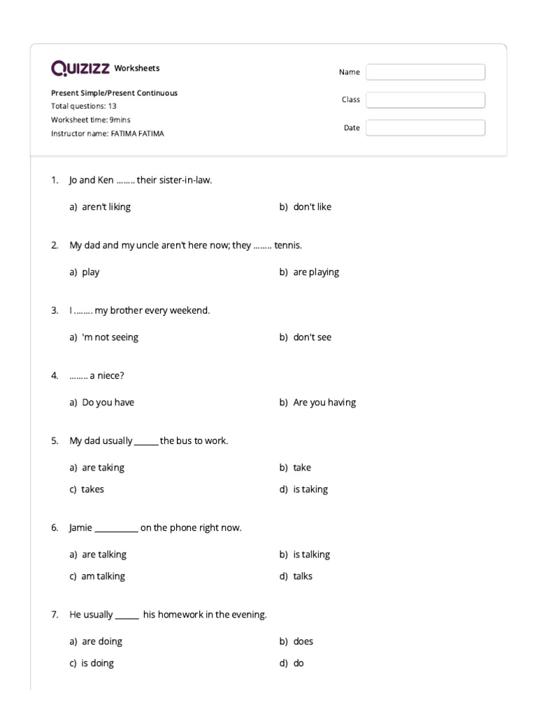 Present Simple - Present Continuous - Quizizz | PDF