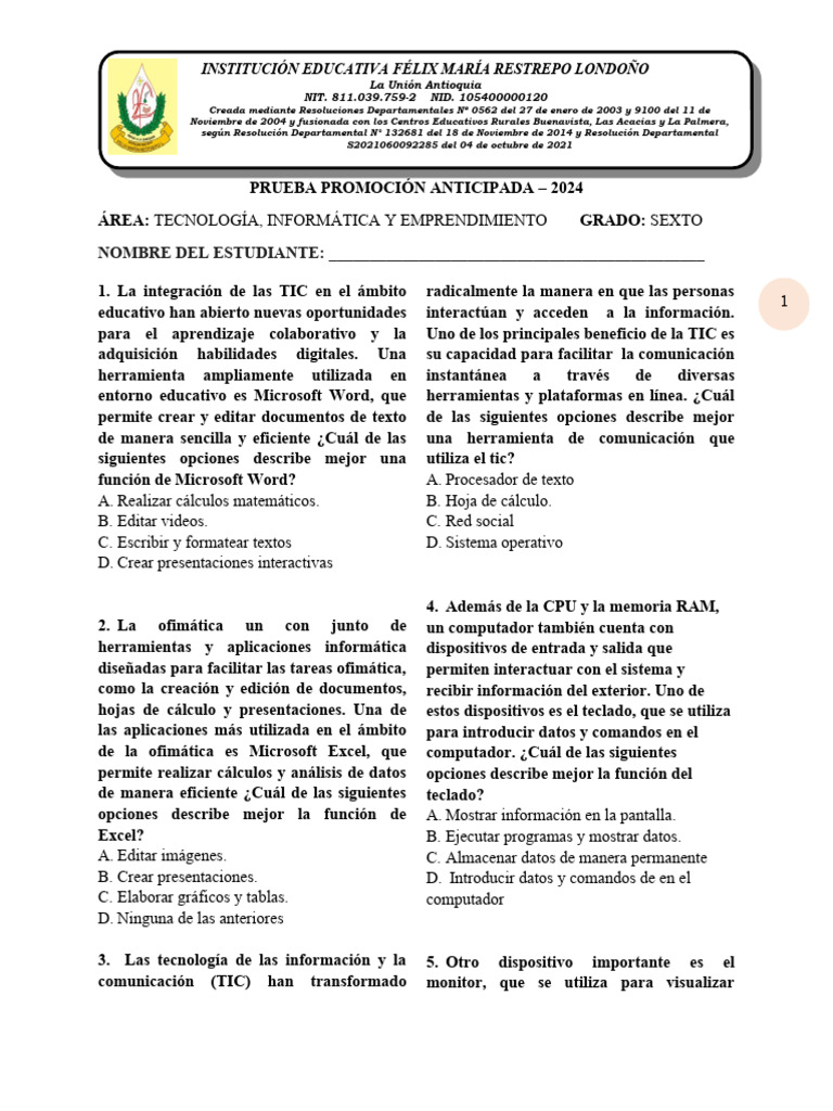 Prueba de TIC para Sexto Grado 2024 | PDF | Hardware de la computadora ...