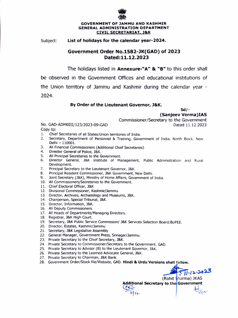 Jammu and Kashmir Union Territory List of Holidays 2024 PDF