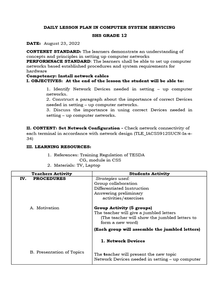 Daily Lesson Plan: Computer Networking | PDF | Learning ...