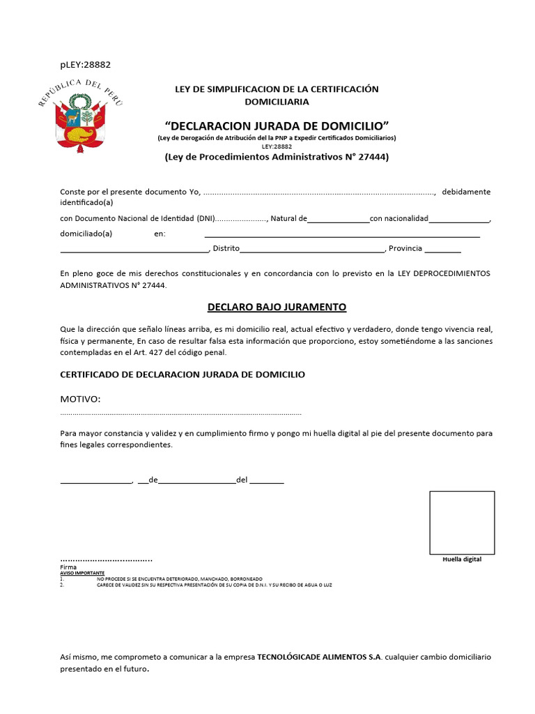 14.-Declaración Jurada de Domicilio | PDF | Documento de identidad ...