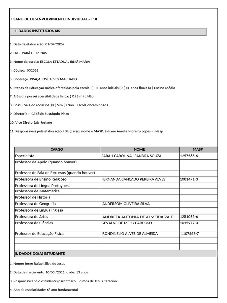 Modelo de PDI Escolar Preenchido | PDF | Aprendizado | Imagem
