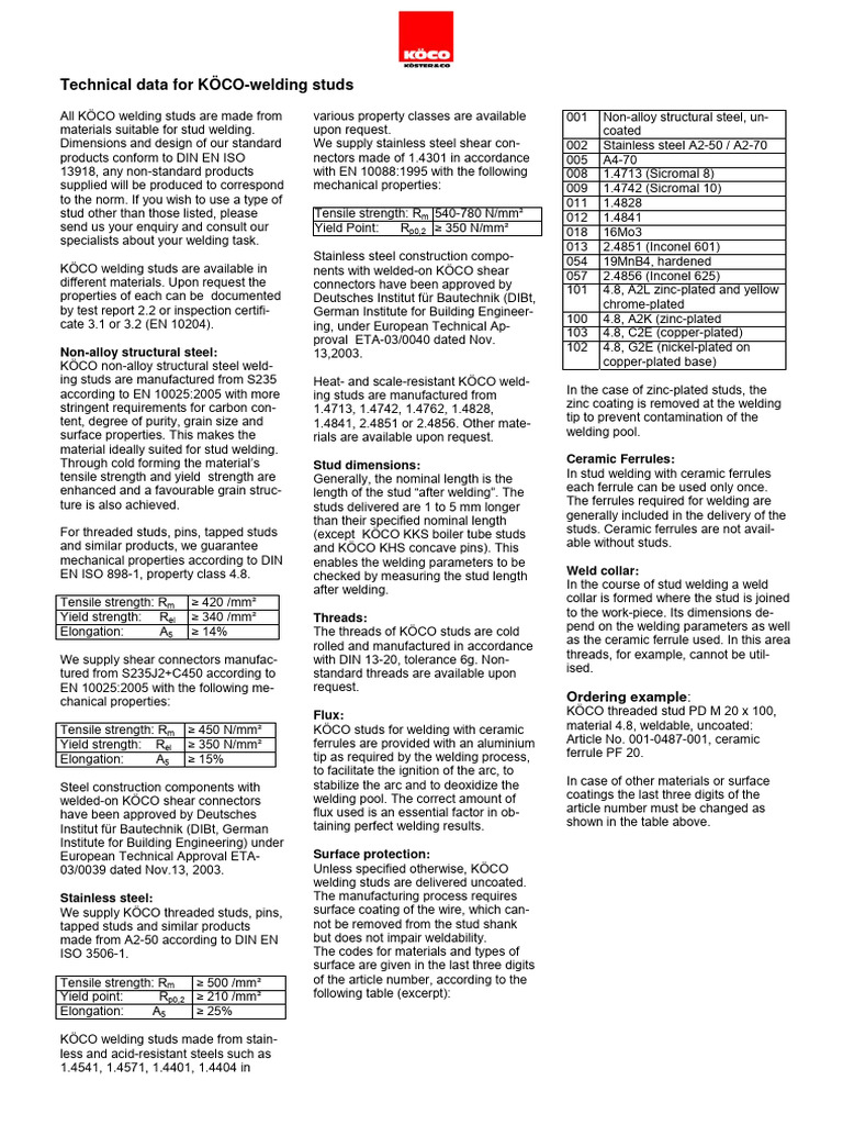 KÖCO Welding Studs Technical Data | PDF | Welding | Construction