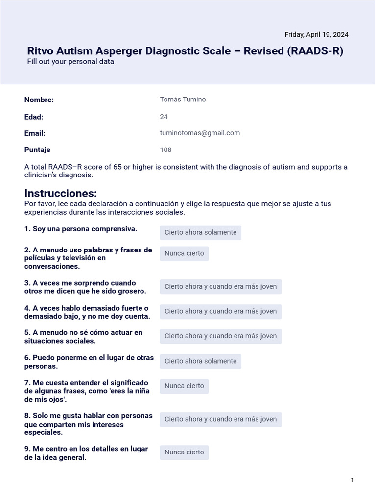 Resultados del Test RAADS-R | PDF | Relaciones personales, crianza y ...