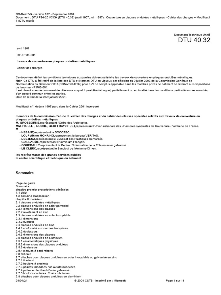 DTU 40.32 : Couverture Métallique | PDF | Code de la construction et de ...