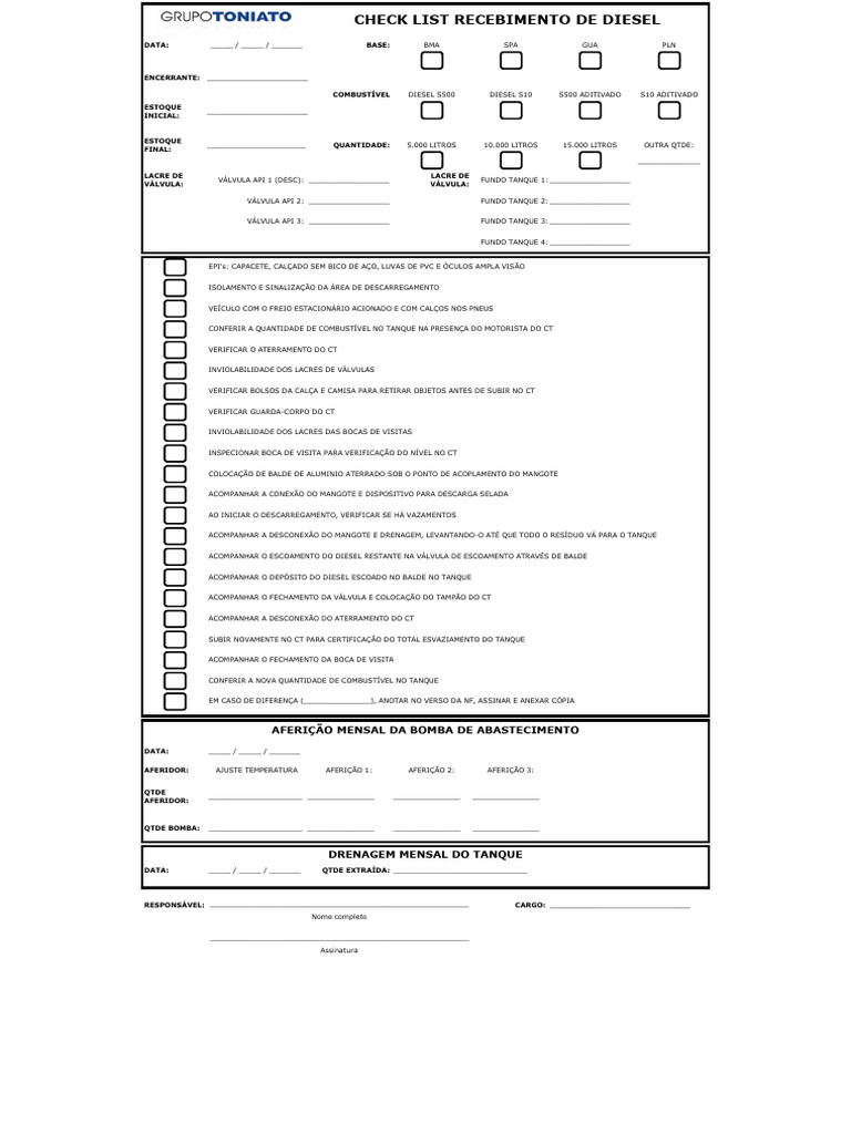 Check List Recebimento de Diesel | PDF