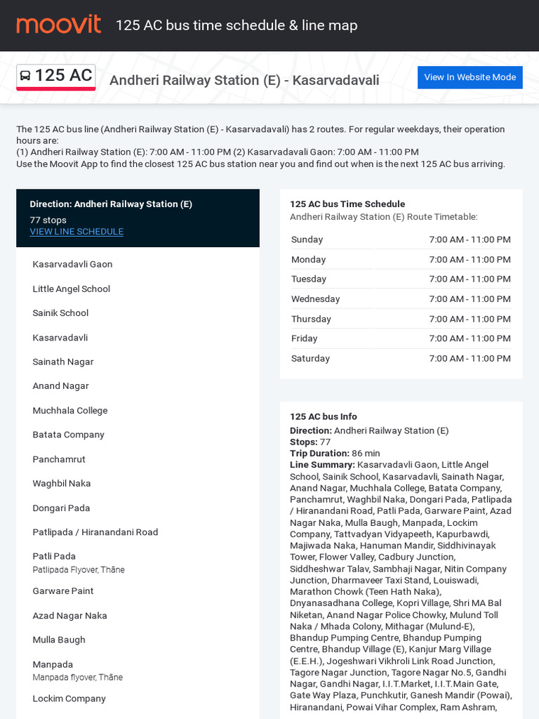 125 AC Bus Timetable and Route Details | PDF | Transport | Public Transport
