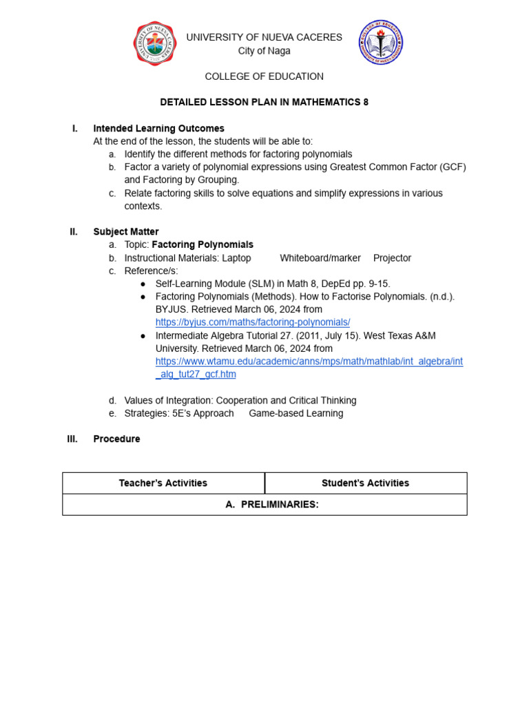 Grade 8 Detailed Lesson Plan in Mathematics | PDF | Factorization ...