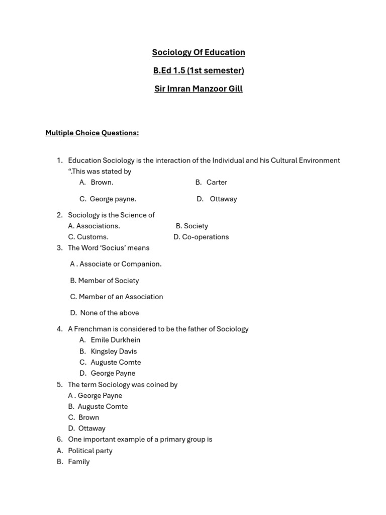 Sociology of Education MCQs and Q&A | PDF | Sociology | Society