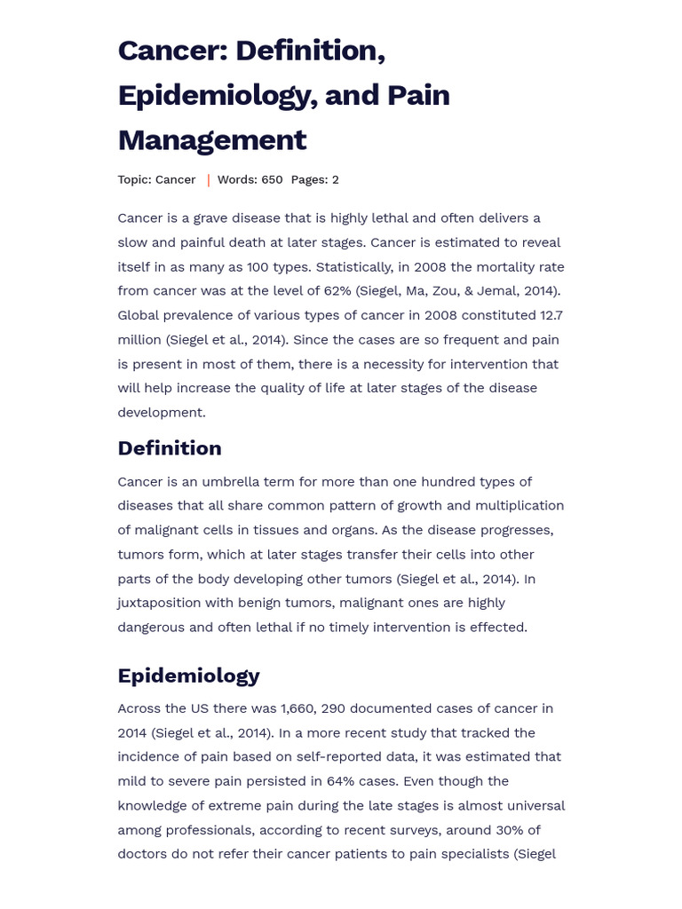 Cancer - Definition, Epidemiology, and Pain Management - Free Essay ...