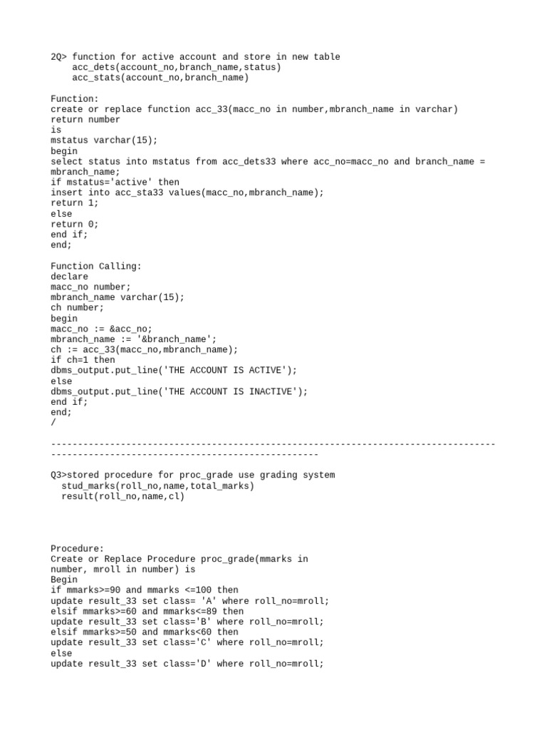 SQL Functions & Procedures for Accounts and Grading | PDF | Teaching ...