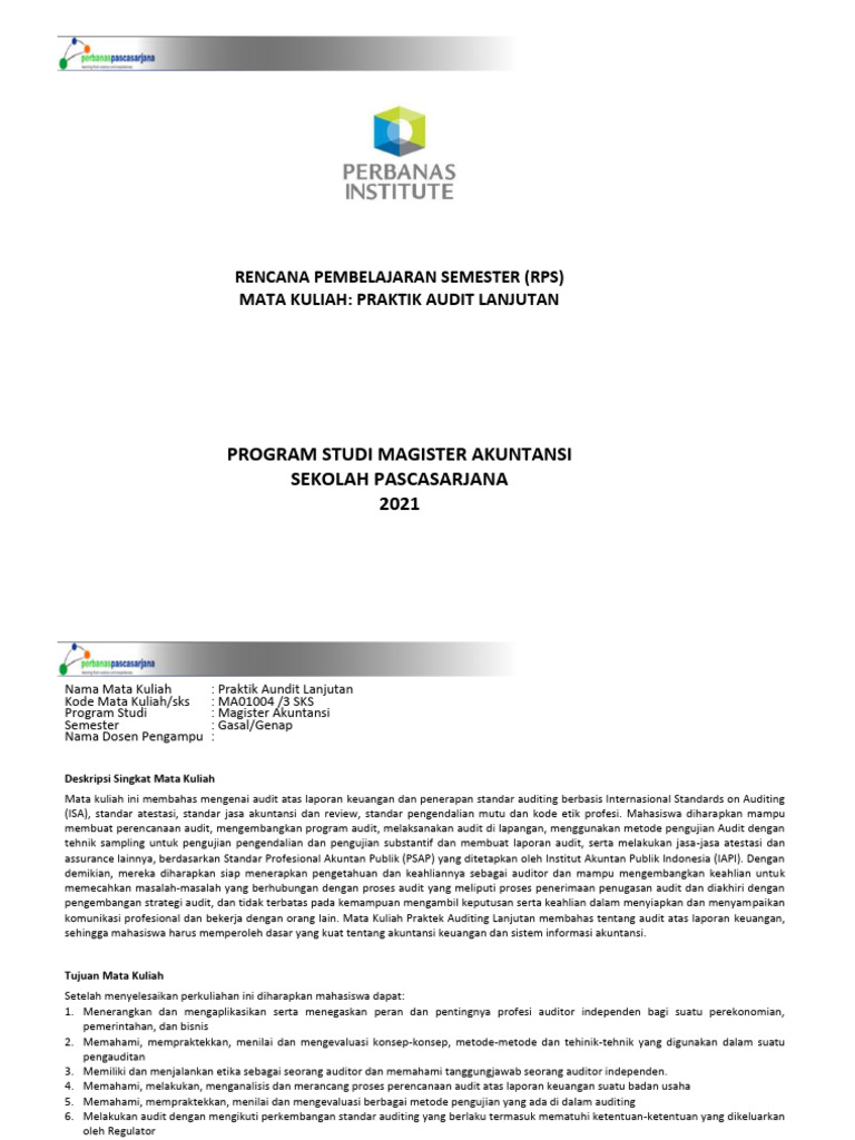 RPS Praktik Audit Lanjutan | PDF | Karier & Perkembangan | Bisnis