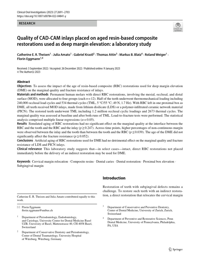 Quality of CAD CAM Inlays Placed On Aged Resin Based Composite ...