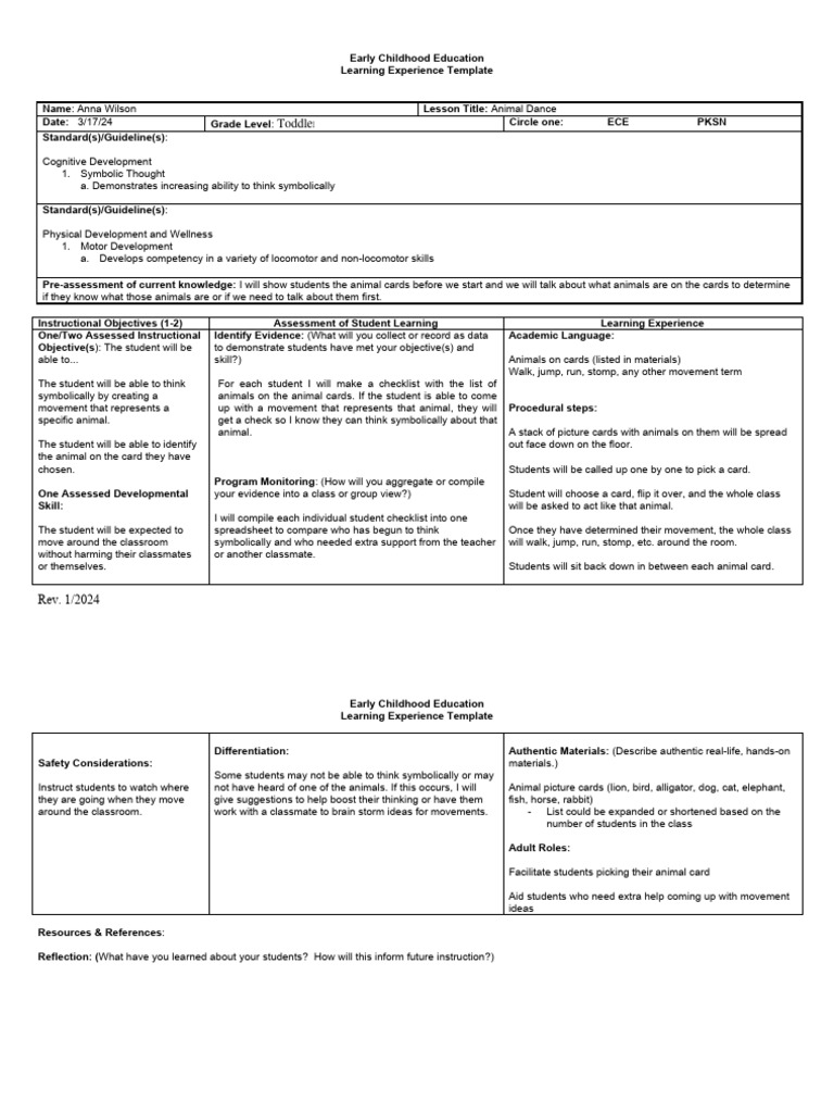 Anna Wilson Movement and Dance Lesson Plan PDF Learning Early