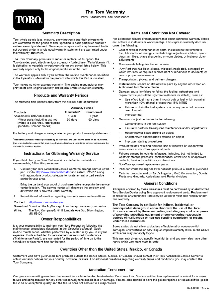 Toro RLC Parts Warranty 2023dec | PDF