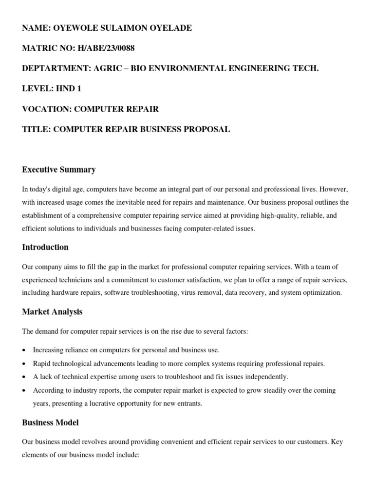 Computer Repair Business Proposal | PDF | Computer Hardware | Computer ...