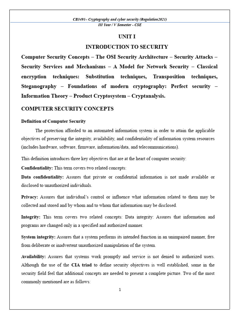 Unit 1 Introduction To Security | PDF | Cryptography | Cryptanalysis