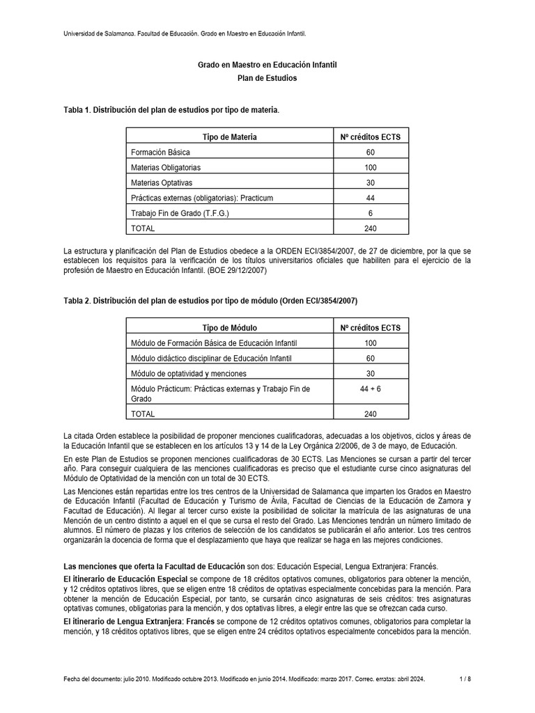 Plan de Estudios Grado en Educación Infantil | PDF | Educación de la ...