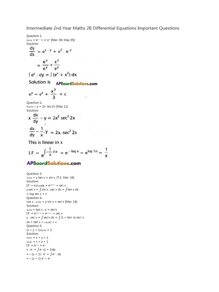 Important Differential Equations for 2nd Year | PDF | Equations ...