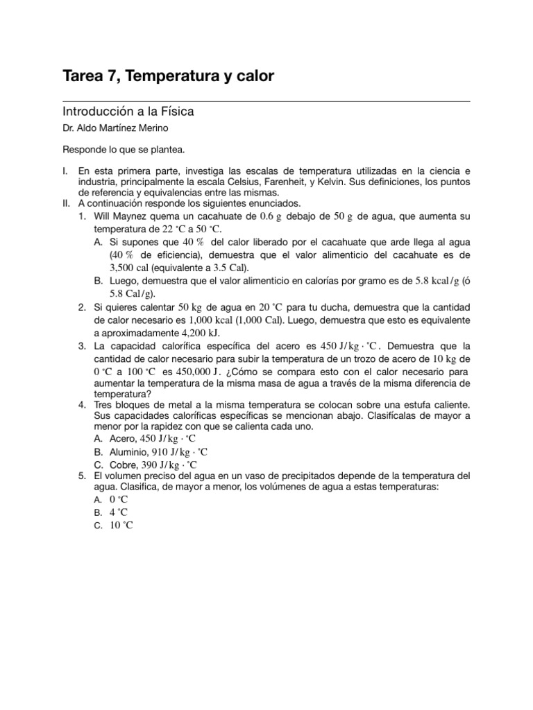 Tarea 7, Temperatura y Calor | PDF | Caloría | Temperatura