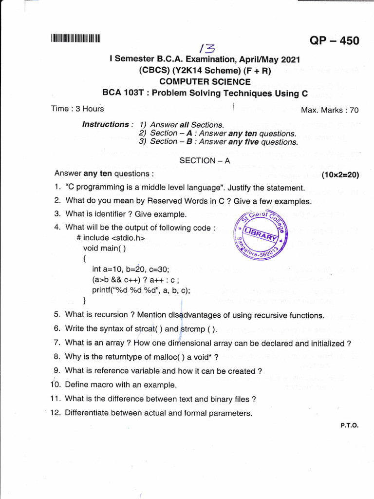 13 Problem Solving Techniques Using C - April May 2021 (F+ R CBCS Y2K14 ...