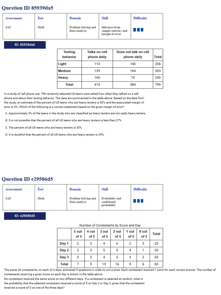 Problem Solving and Data Analysis Hard | PDF | Sat | Median