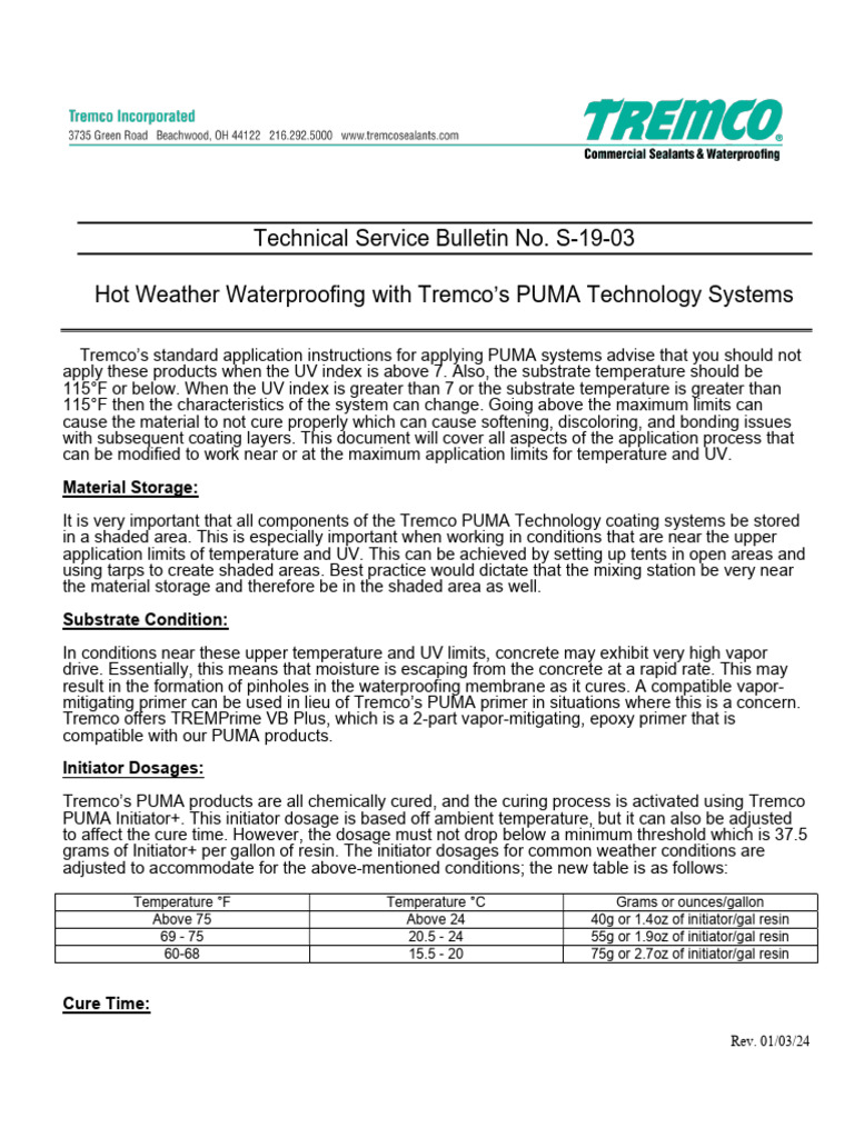 Hot Weather Application of Tremco PUMA | PDF | Ultraviolet | Epoxy