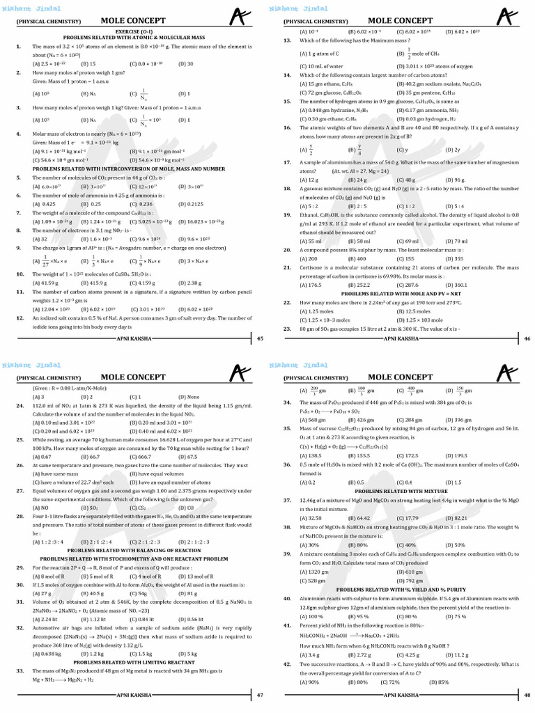 Mole Concept Practice and Solutions | PDF | Magnesium | Mass ...