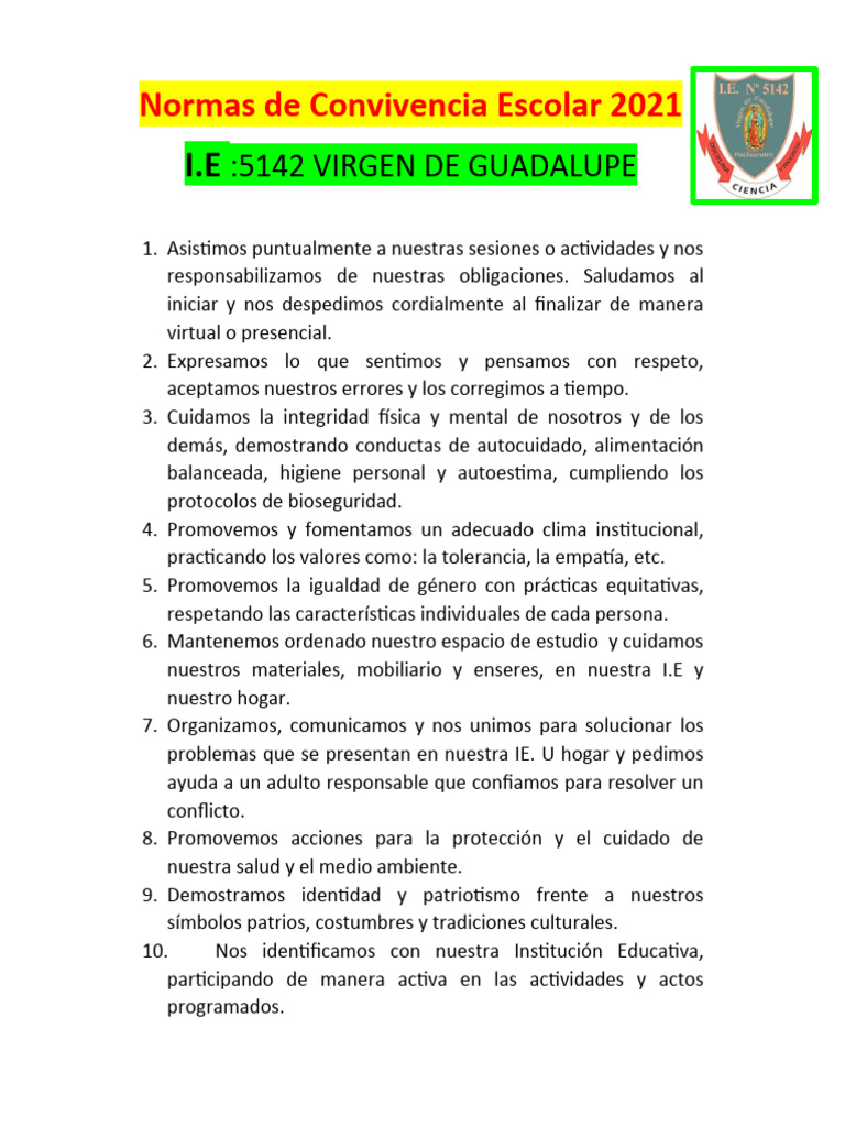 Normas de Convivencia Escolar 2021 | PDF | Autoestima | Psicología Social
