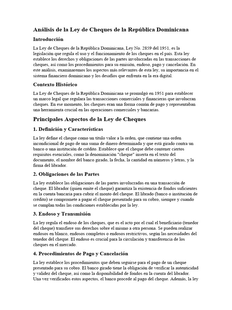 Análisis de la Ley de Cheques 2859 RD | PDF | Cheque | Bancos