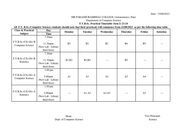 FY Practical Time Table 2023-24 | PDF