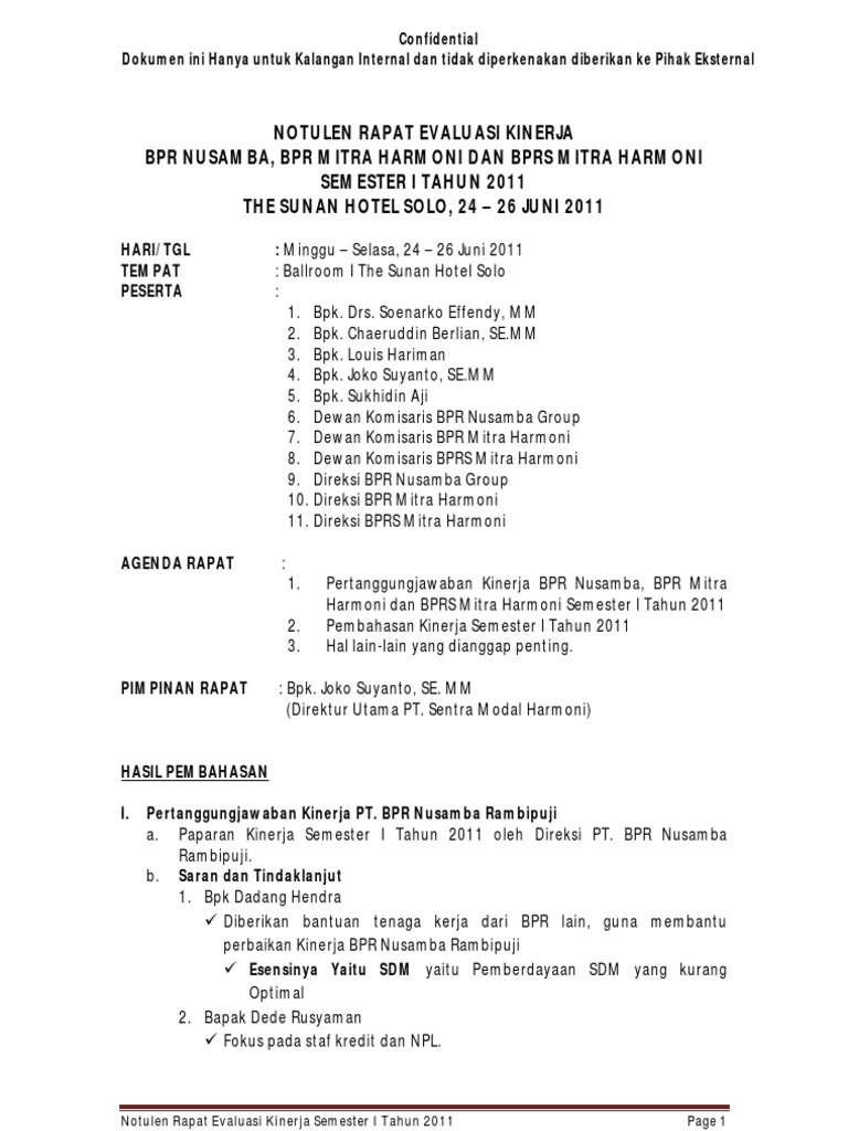 Notulen Rapat Evaluasi Kinerja Semester I Tahun 2011