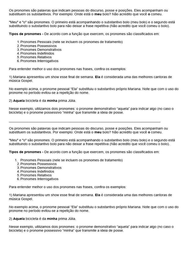 Tipos e Exemplos de Pronomes | PDF | Pronome | Gramática
