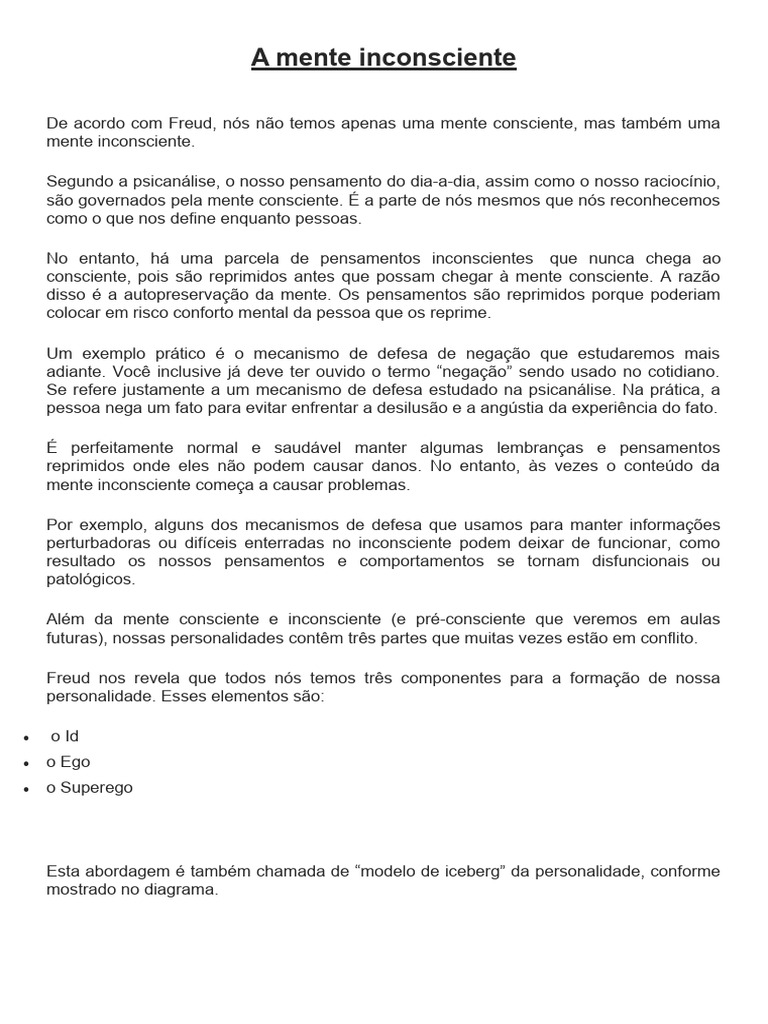 A Mente Inconsciente Relaçoes Objetais Pdf Psicanálise Sigmund Freud