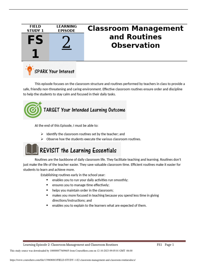 FIELD STUDY 1 E2 Classroom Management and Classroom Routines | PDF ...