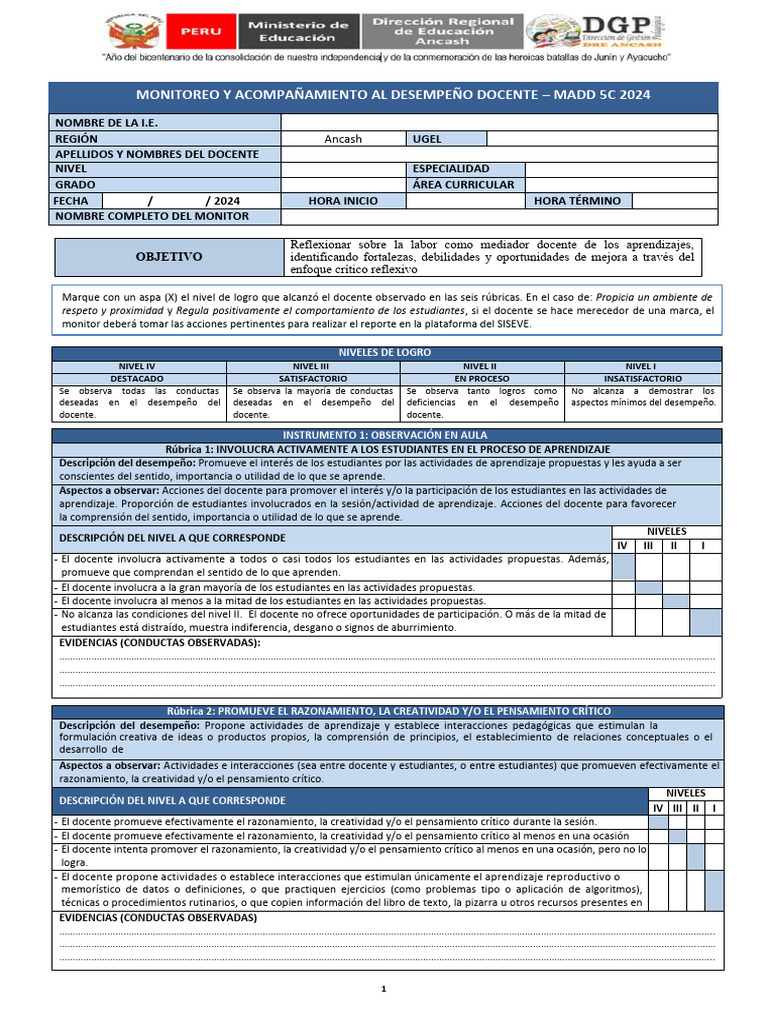 Ficha de Monitoreo Docente 2024 | PDF | Creatividad | Aprendizaje