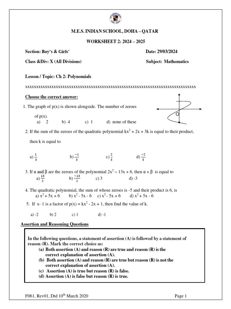 Class X CH 2 Worksheet - Polynomials | PDF | Quadratic Equation ...