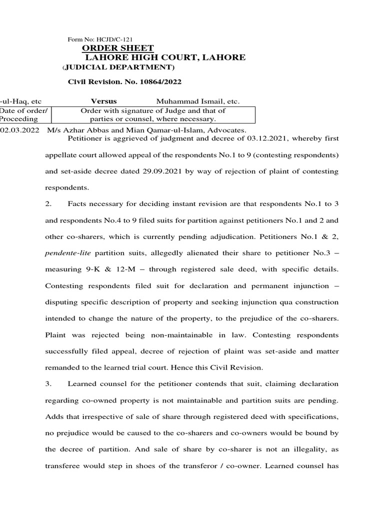 Lahore High Court Civil Revision Order | PDF | Lawsuit | Appeal