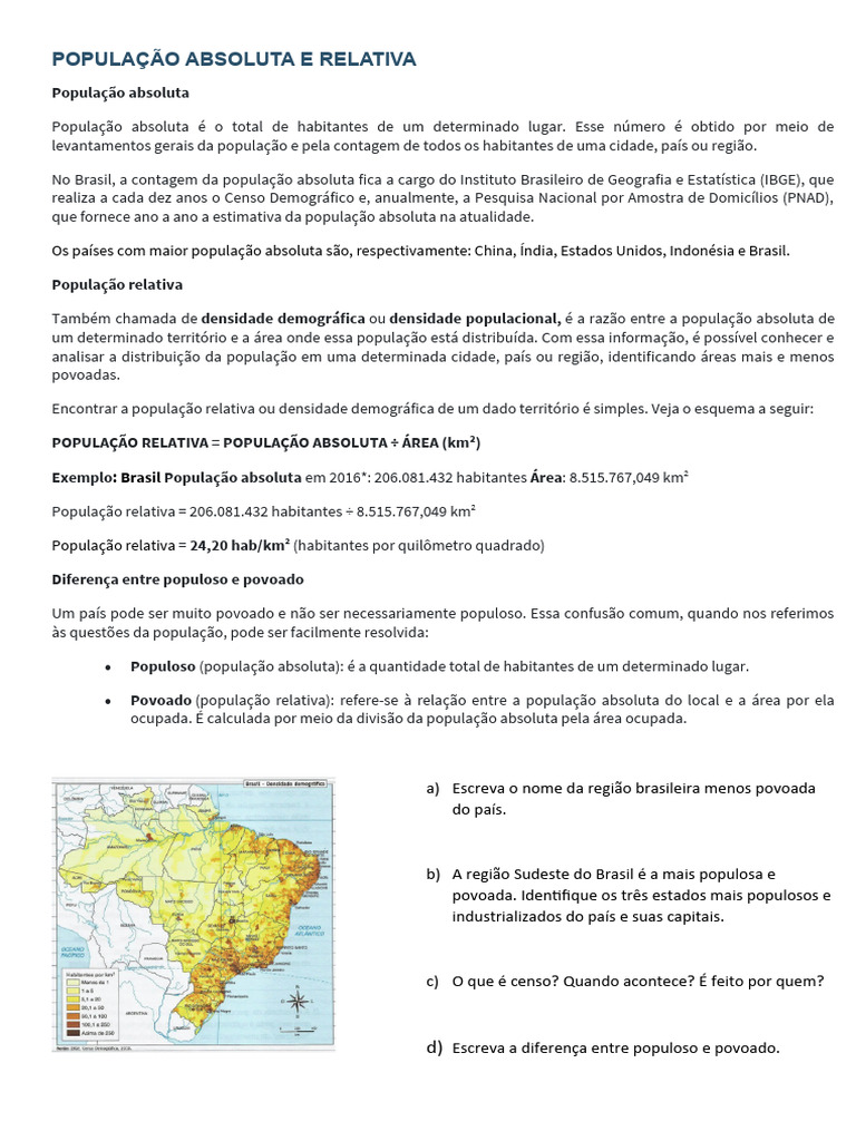 AULA 8 - População Relativa e Absoluta | PDF | População mundial | Brasil