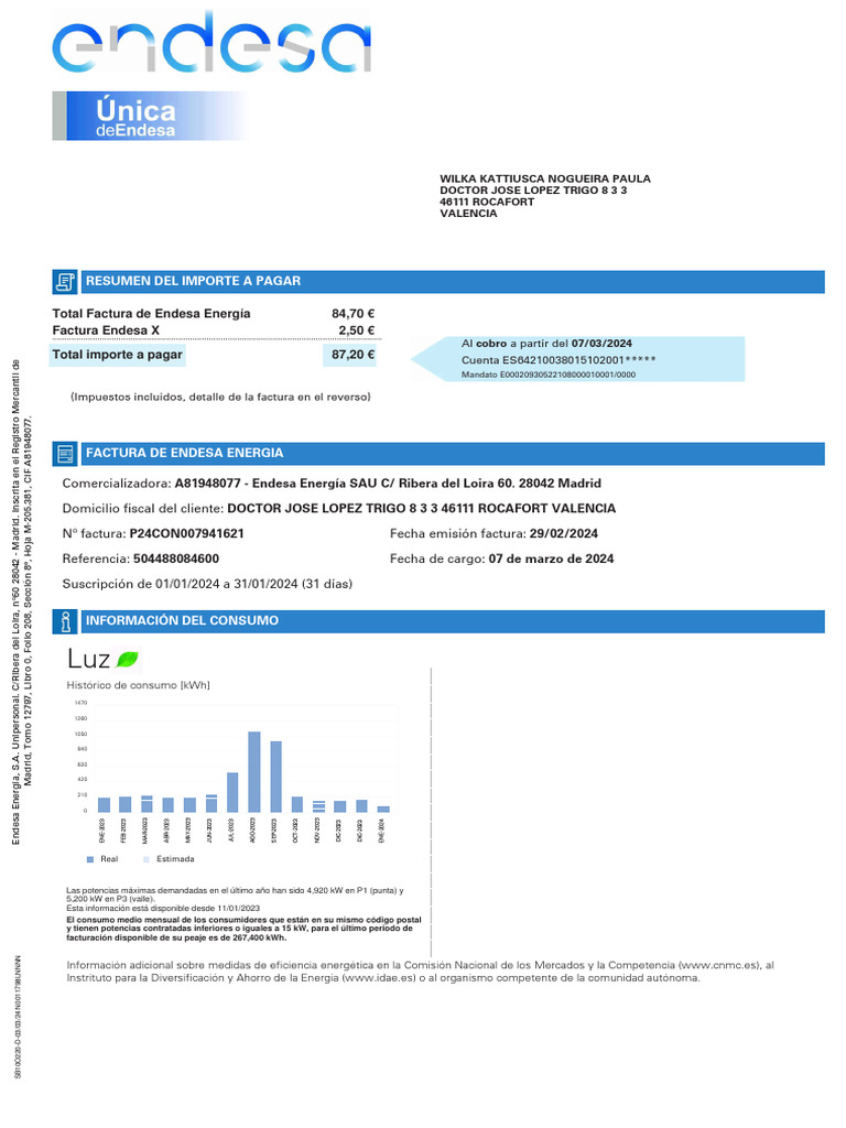 Factura de Endesa Energía - Marzo 2024 | PDF | Energia electrica ...