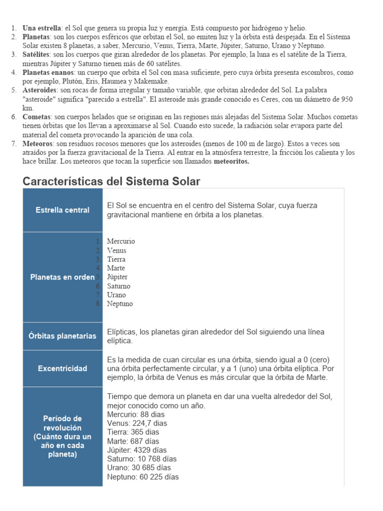 componentes sistema solar | PDF | Sistema solar | Planetas