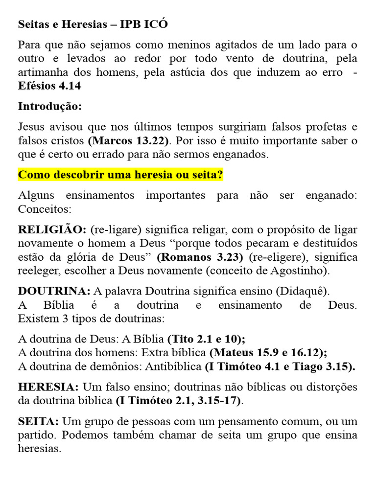 Seitas e Heresias - IPB ICÓ | PDF | Deus | Heresia