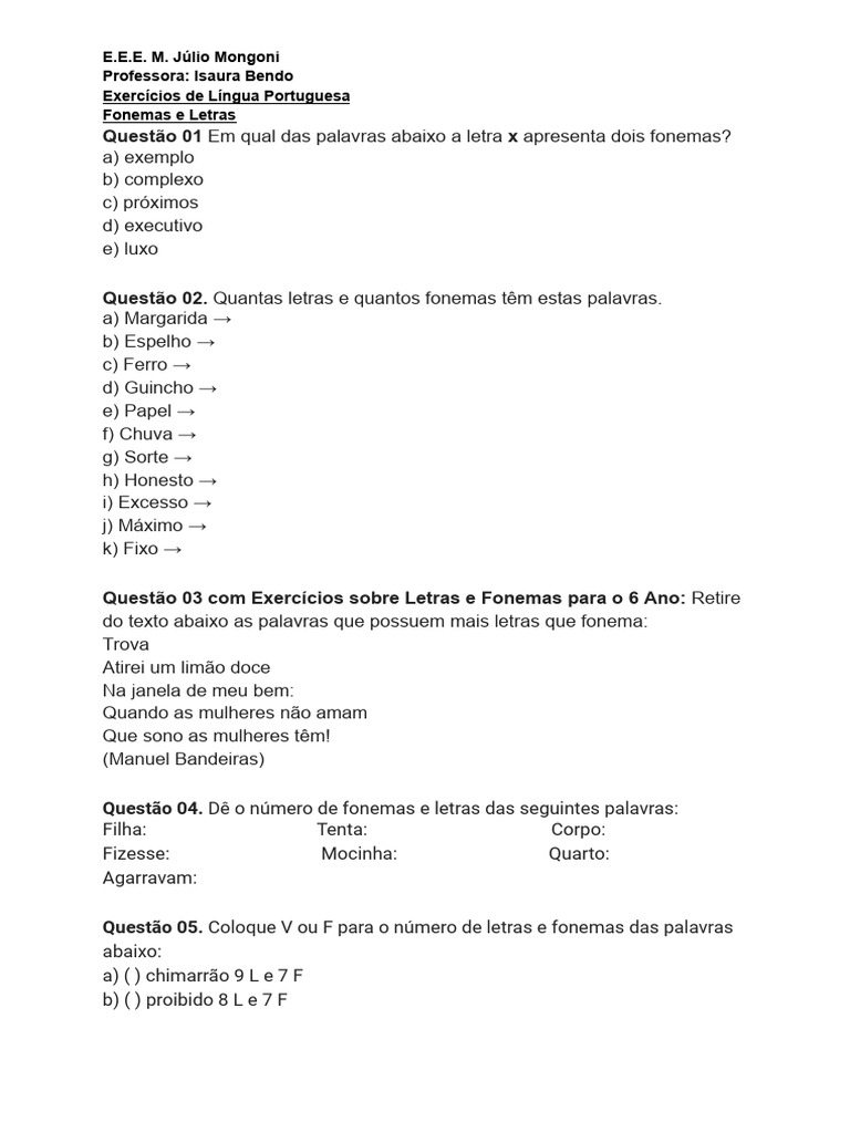 Exercícios sobre Fonemas e Letras 6º Ano | PDF | Fonema | Fonologia