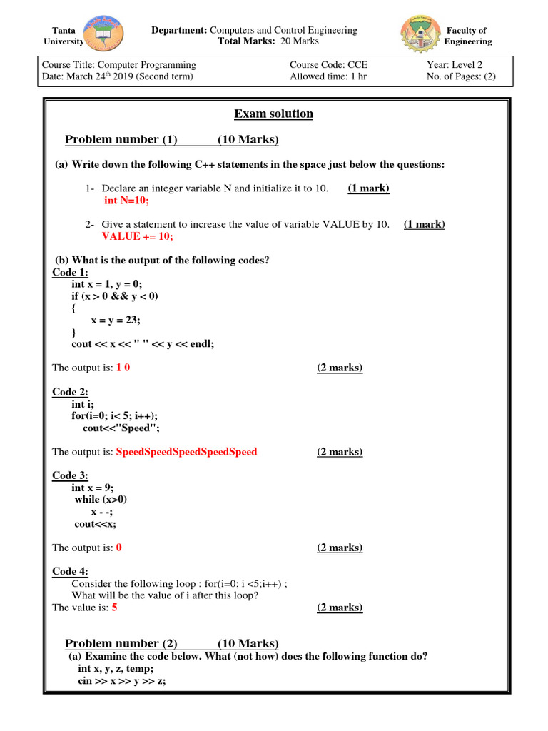 C++ Exam Solutions and Code Analysis | PDF | Integer (Computer Science ...