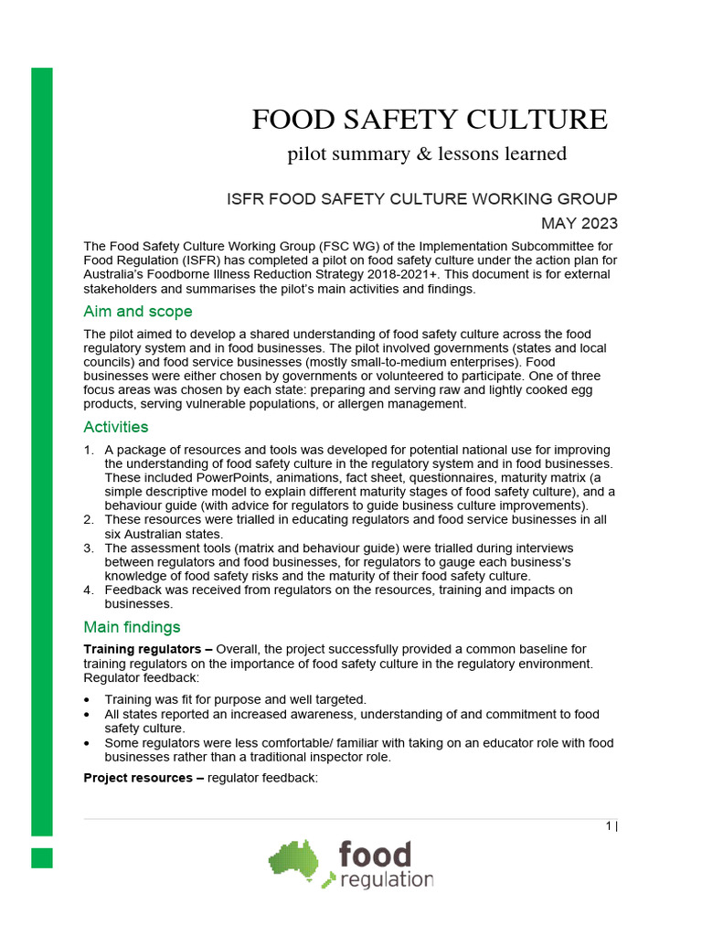 Food Safety Culture Pilot Summary and Lessons Learnt - 0 | PDF | Food ...