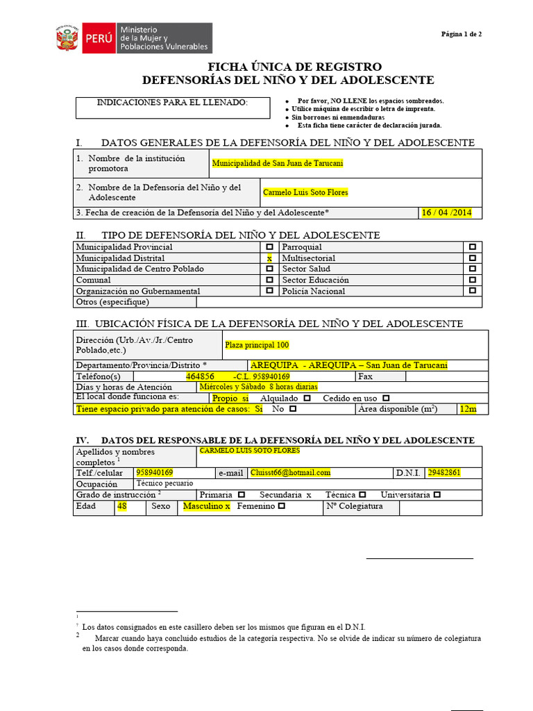 Ficha Registro Defensoría del Niño | PDF | Documento de identidad