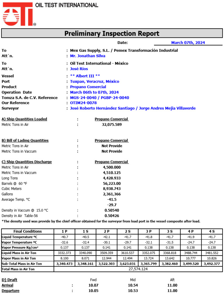 Preliminary Inspection Report for Propane | PDF | Density | Port