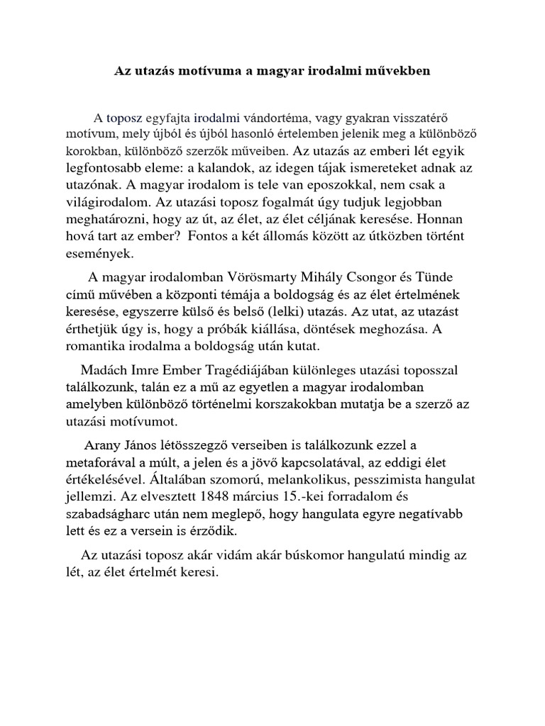 Az Utazás Motívuma A Magar Irodalmi Művekben | PDF