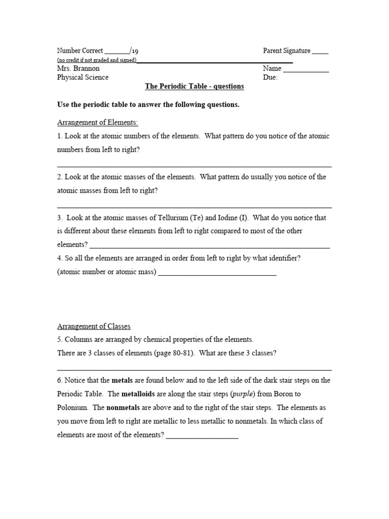 Periodic Table Questions Worksheet | PDF | Chemical Elements | Periodic ...