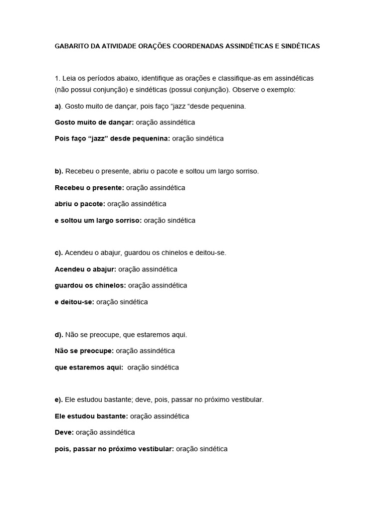 Gabarito: Orações Assindéticas e Sindéticas | PDF | Artes Linguísticas ...